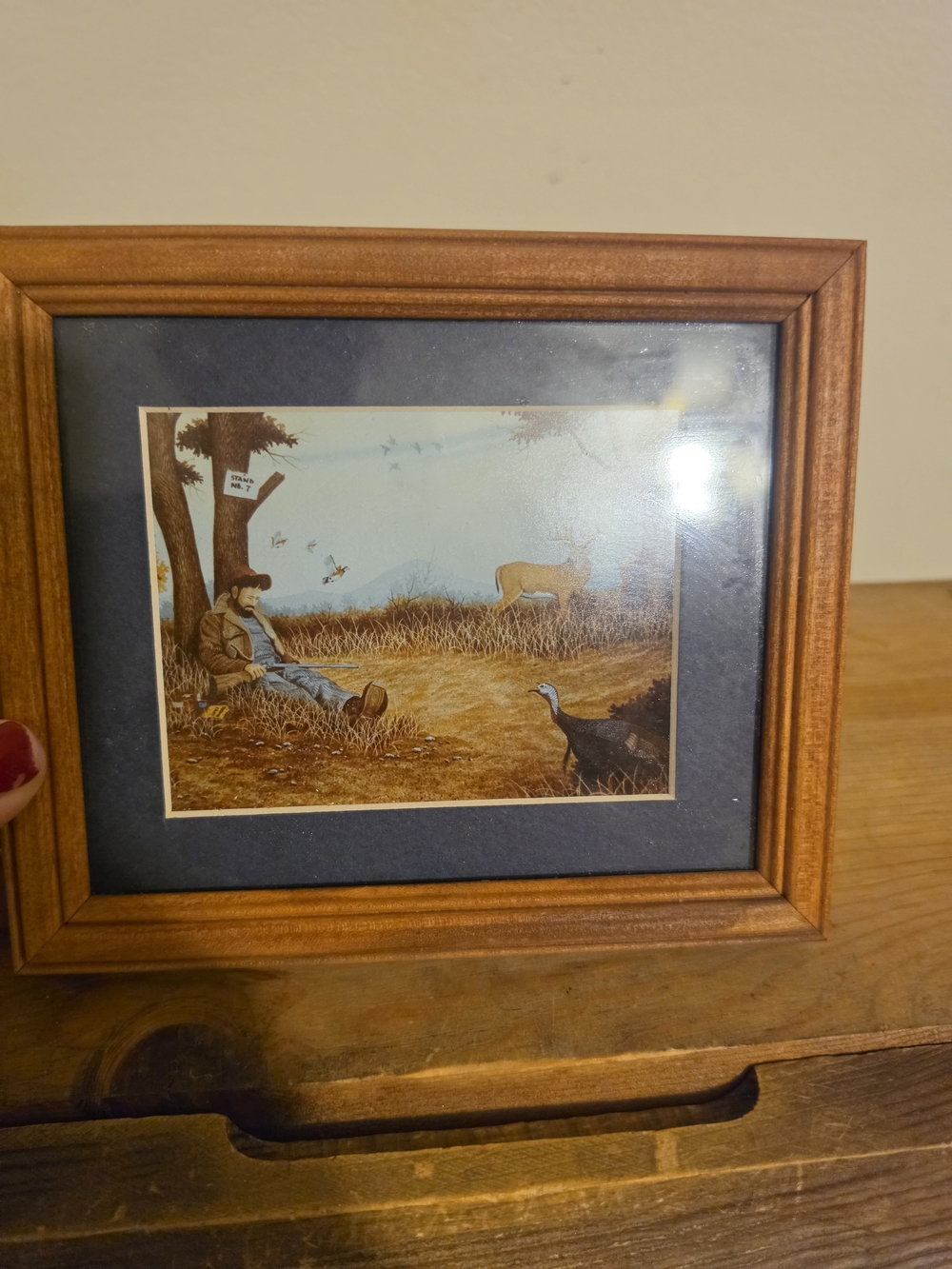 Wood Tone Framed Rustic Hunting Print with Blue Mat